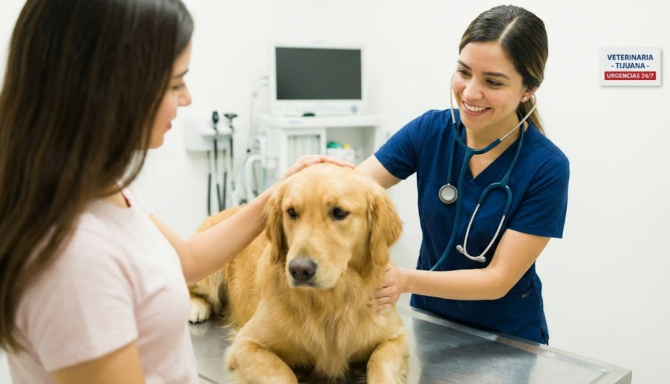 veterinaria calmando al perro del cliente